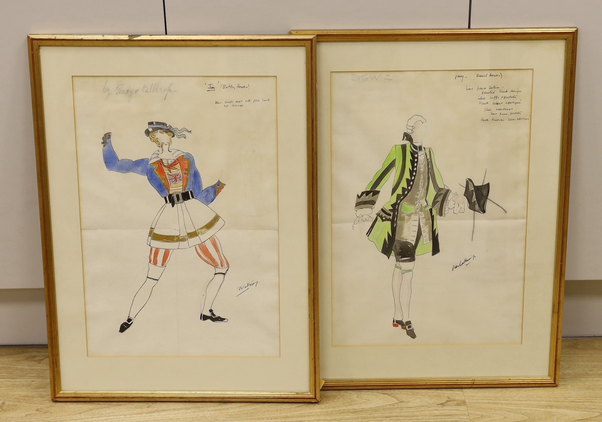 Gladys Calthrop (1894-1980), two ink and watercolour costume designs for Bobby Howes in the first production of Mr Cinders, 1929, Adelphi Theatre, signed, 49 x 34cm